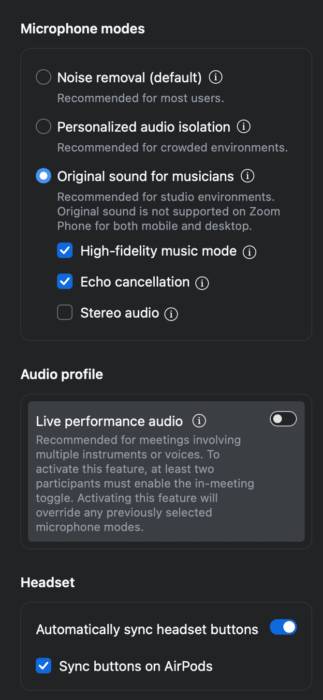 Audio settings menu 2